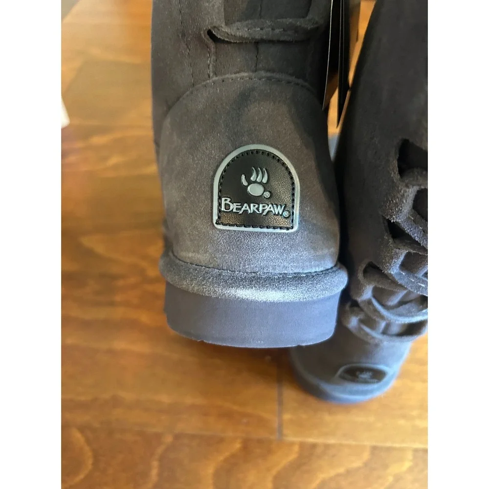 Bearpaw Women Charcoal Gray Suede Lace Back NeverWet Mid Calf Boots NWT Sz 7